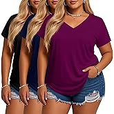 Evervibe 3 Pack Women's Plus Size T-Shirts, V Neck Short Sleeve Shirts Loose Fit Curved Hem Tees Casual Swing Tops