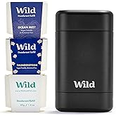 Wild - Refillable Deodorant Starter Kit - Black Case with Fresh Cotton & Sea Salt, Ocean Mist & Thunderstorm Scents - Long Lasting Protection - Aluminum Free - Vegan