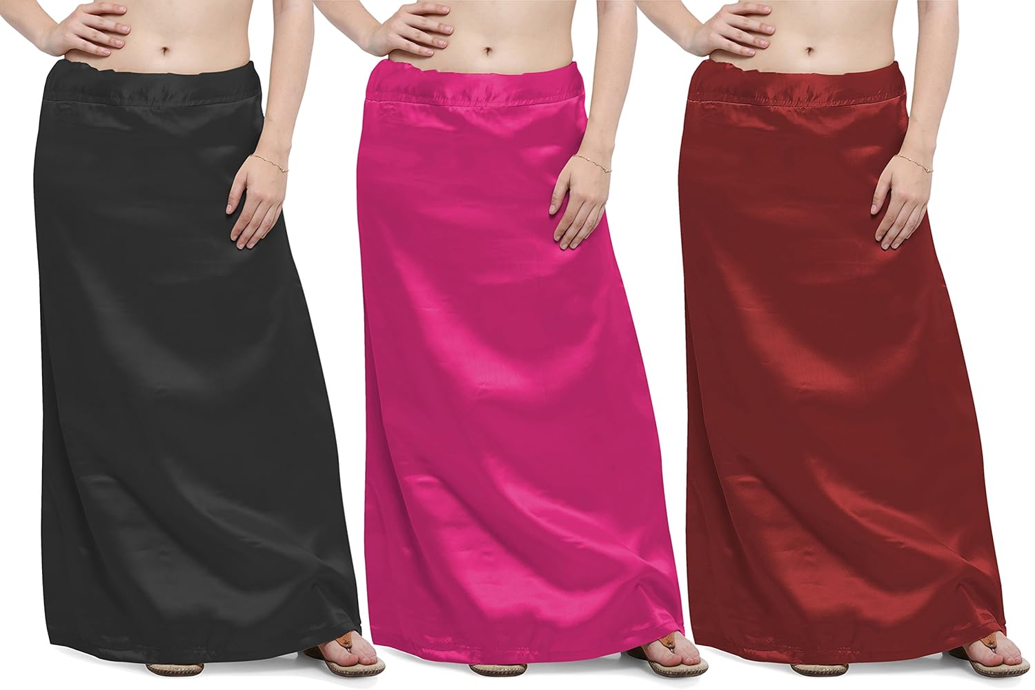 ziya combo of black dark pink maroon premium satin petticoat with attached cotton inner
