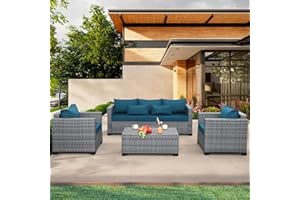Lviden 4 Piece Wicker Patio Furniture Sets Outdoor Conversation Set PE Rattan Sectional Sofa Couch with Storage Table and Peacock Blue Cushions