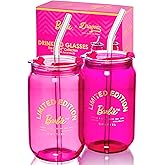 Dragon Glassware x Barbie Drinking Glasses - Pink and Magenta - 16 oz Can Shaped Glass Cups with Lids and Straws Set of 2 - Iced Coffee Cups with Lids - Glass Tumbler with Straw and Lid