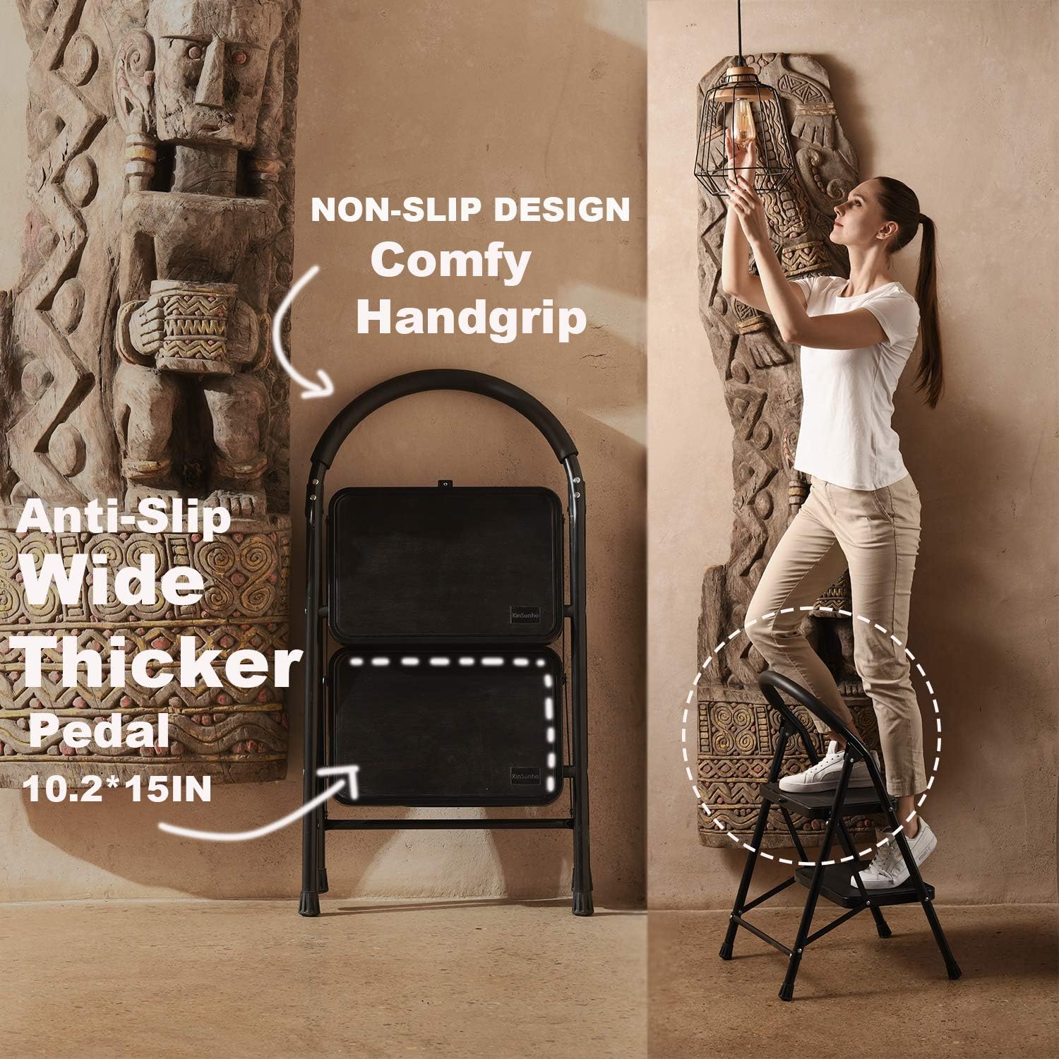 XinSunho 2 Step Ladder, Small Folding Sturdy Step Stool for Kitchen Home Closet, Wide Pedal 330lbs Heavy Duty Ladder for Adults Seniors, Black - - 