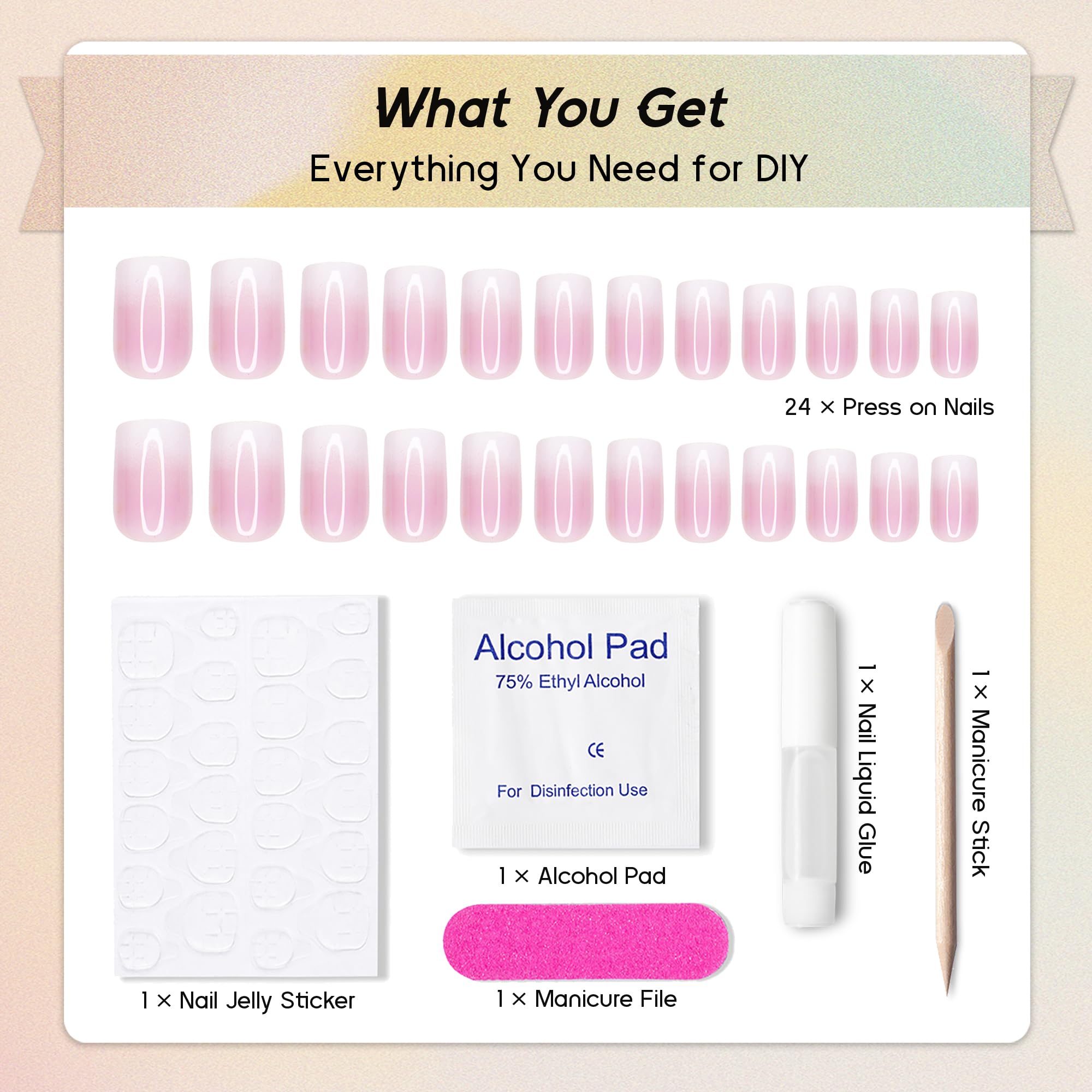 Qsnidy Press on Nails Square - French Ombre Pink Fake Nails Medium Acrylic Glossy Full Cover Stick On Nails for Women and Girls Daily Wear, Natural Fit Glue on Nails in 12 Sizes - 24 Nails Kit - Image 4