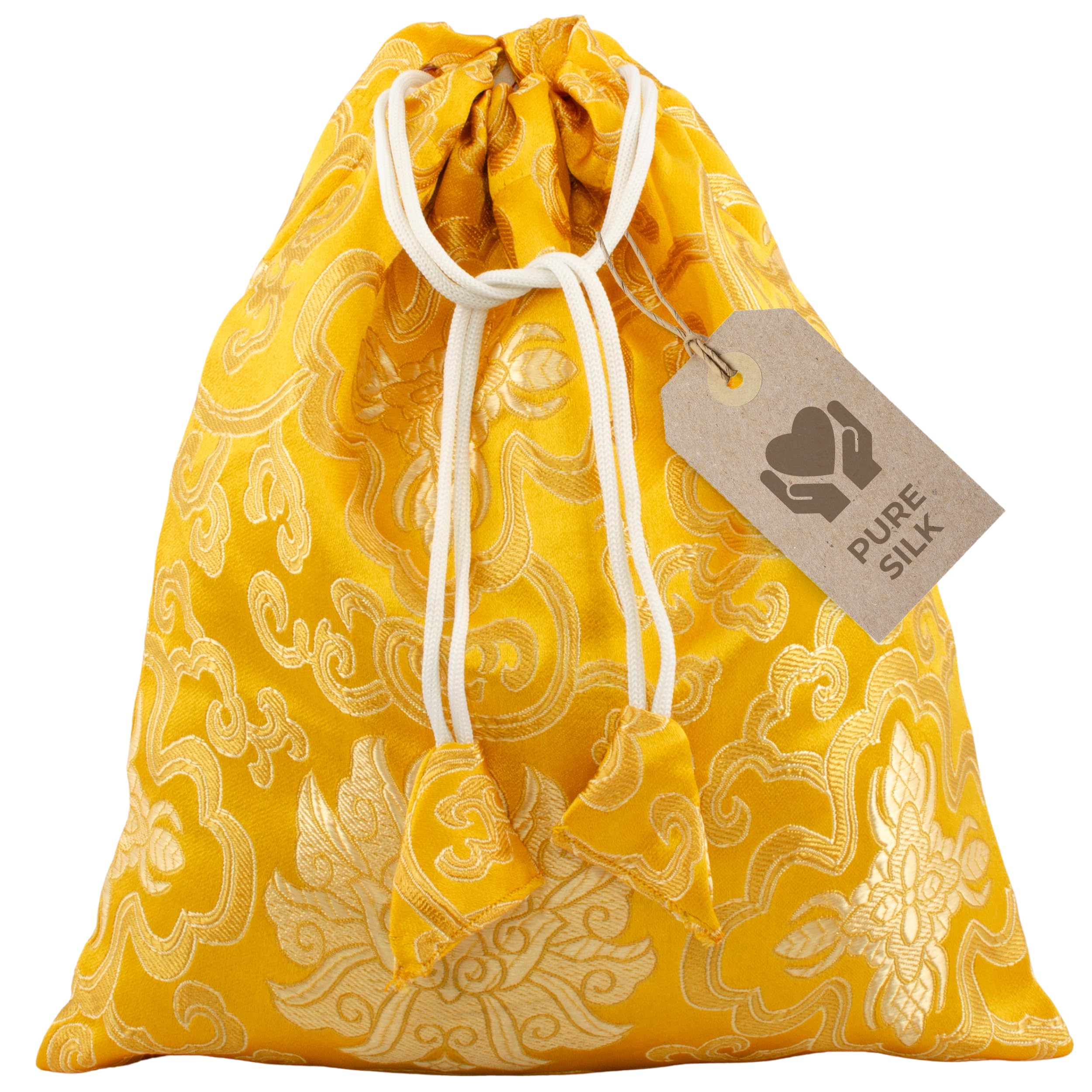 Avanda pouch/bag for singing bowls up to Ø 15 cm (6 in), pure silk from Nepal, practical drawstring, traditional handicraft, yellow-gold