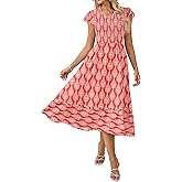 GRACE KARIN 2026 Summer Casual Dresses for Women,Flutter Short Sleeve Wedding Guest Dresses,V Neck Smocked Tiered Midi Dress
