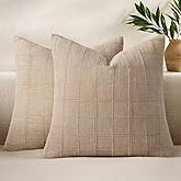 Woaboy Linen Check Throw Pillow Covers Set of 2 - Light Brown Farmhouse Modern Boho Vintage Decorative Cushion Covers for Sofa Couch Bedroom Living Room Decor 18x18 Inch