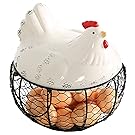 Black Metal Mesh Wire Egg Storage Basket with White Ceramic Farm Chicken Top and Handles