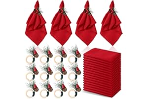 Uiifan 36 Pcs Christmas Napkin and Rings Set 24 Pcs Reusable Christmas Napkins Cloth and 12 Pcs Pine Cones Pine Needles Napkin Rings Holder for Christmas Wedding Birthday Party (Plain Color)