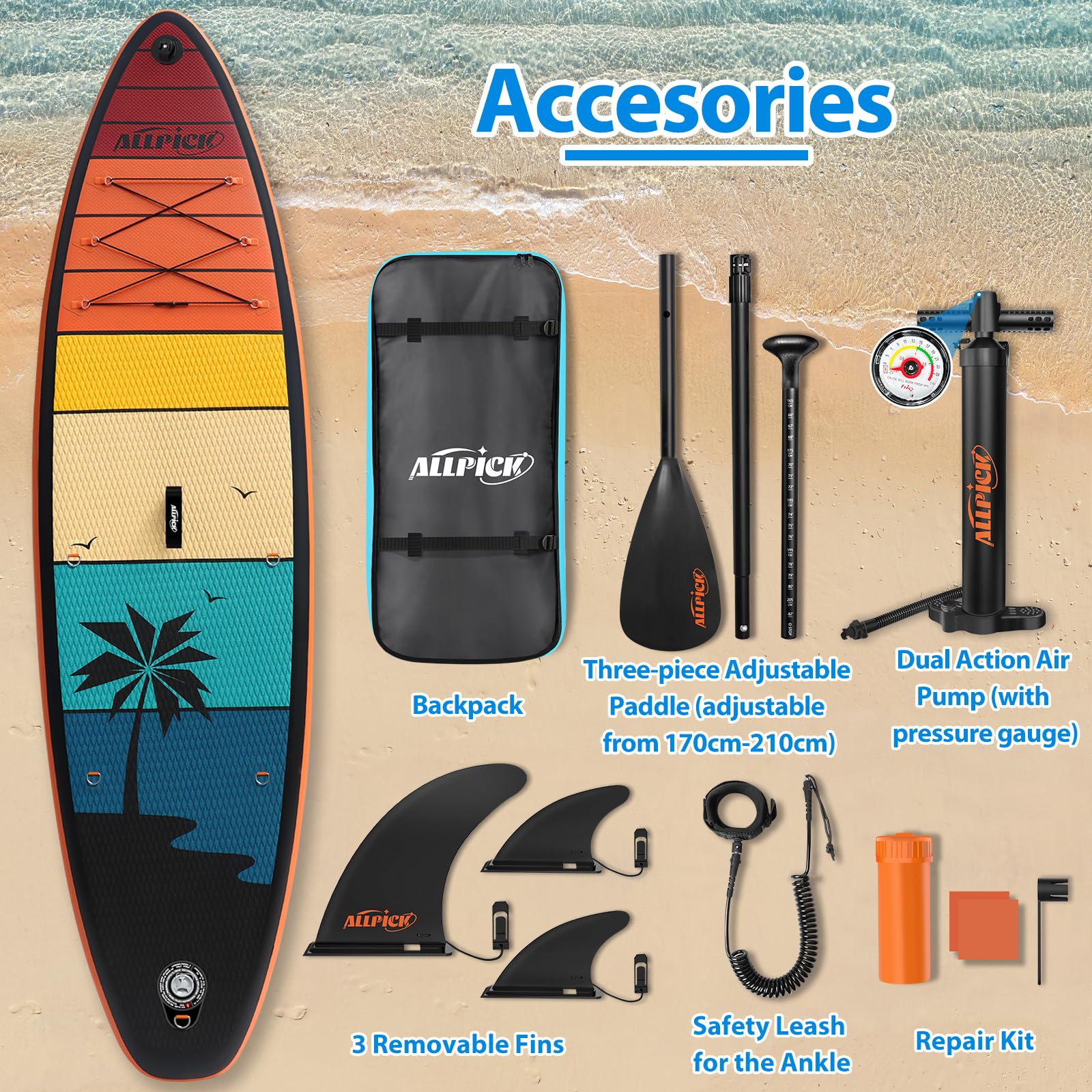 ALLPICK Premium SUP Board Set, Stand Up Paddling Board Aufblasbar, Mit Universal Kamerahalterung, Komplettes Zubehör, Verstellbares Paddel, Anfänger und Fortgeschrittene, 150kg/180kg, OrangeAbendröte 6