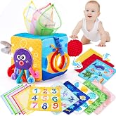 hahaland Baby Tissue Box Toy 6-12 Months Montessori Toys 6 7 8 9 Month Old | Textured Tails, Crinkle Tissues, Squeaky, Mirror, Pull &amp; Hang Ring, Play Silks Sensoy Scarves Soft Baby Gift Busy Travel Toys