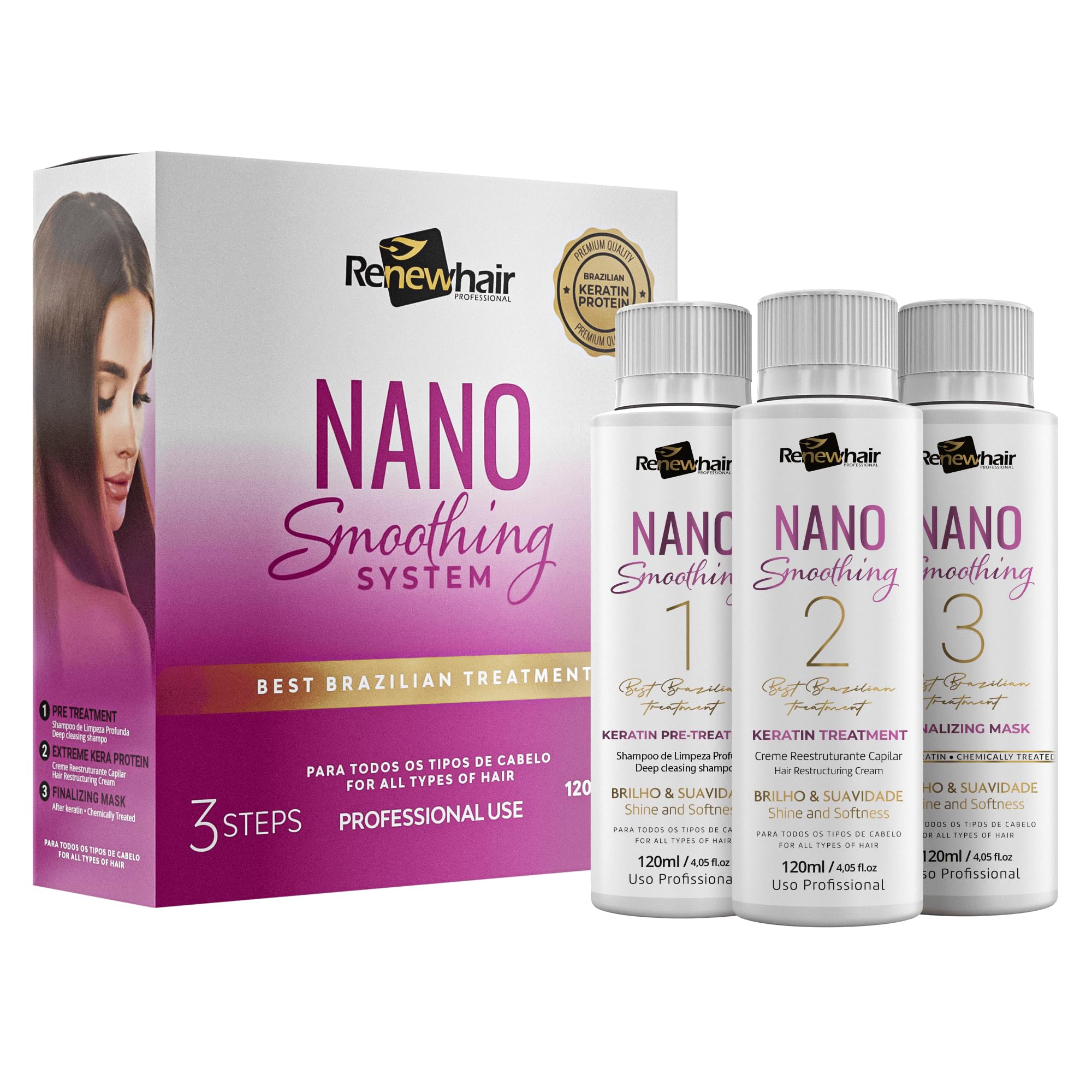 NANO Smoothing System Hair Straightening Brazilian Treatment Hair Straightening ,Smooths, Strengthens, Softens Formaldhendy Free Keratin Smooth Renew , Vegan 3x 120ml