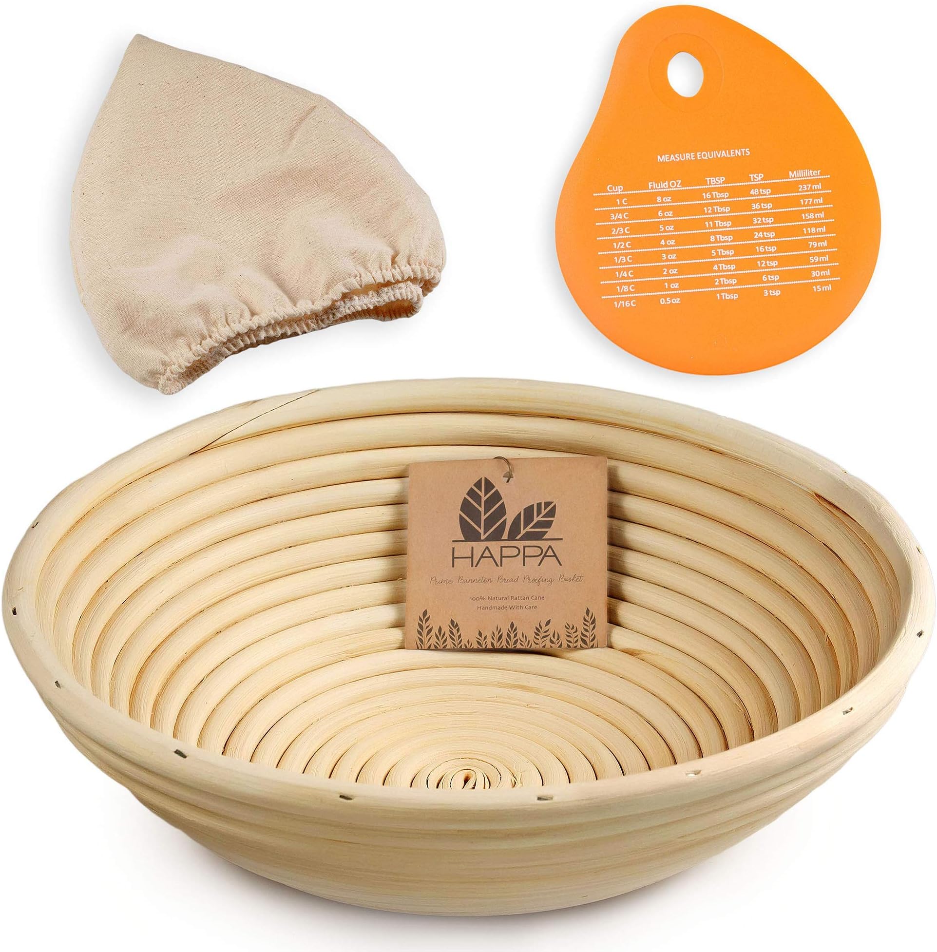 Happa Banneton Bread Proofing Basket Set Round Natural Rattan Bread proofing Brotform + Linen Cloth Liner + Silicone Dough Scraper - for Professional & Home Sourdough Proofing