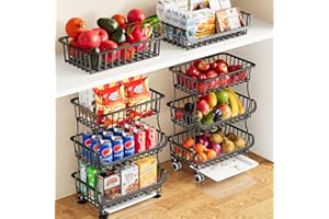 3 Tier Rolling Pantry Floor Organizers and Storage Cart with Wheels, Stackable Wire Fruit Basket Stand for Kitchen Organizati