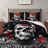 lneffble Skull Queen Sherpa Comforter Set,Skeleton Bone Spider Rose Print Red Black Bedding Set for Boys Girls,Warm Fluffy Gothic Comforter Set (1 Shaggy Comforter,2 Pillowcases) Bedroom Decor