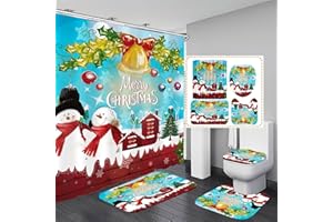 Chrainy 4Pcs Christmas Snowman Shower Curtain Sets Winter Jingle Bell Bathroom Set Decor with Non-Slip Rugs Bath U-Shaped Mat Toilet Lid Cover Holiday Bathroom Curtains Shower Set with 12 Hooks