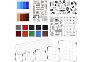 MEYEYAIA 22pcs Acrylic Stamp Block Tools Set,Include 6 Acrylic Clear Stamps Blocks with Grid Lines,4 Clear Silicone Stamps Seals,12 Stamp Ink Pads for DIY Scrapbooking Crafts Card Making