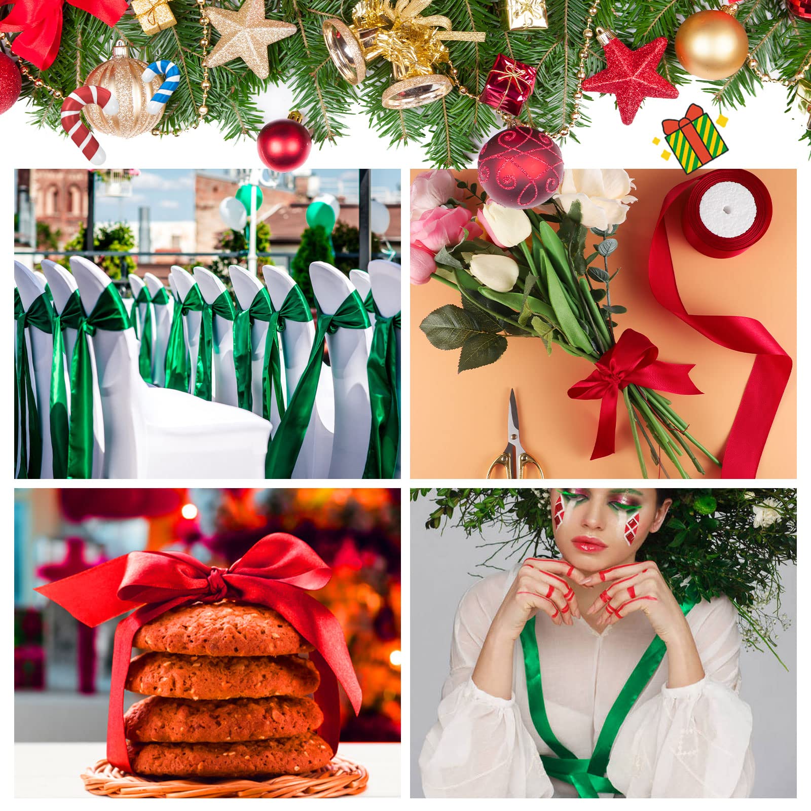 2 Rolls Christmas Ribbon 1.6 Inch X 50 Yards Red and Forest Green Ribbon Polyester Satin Ribbons Wide Holiday Ribbons for Wreaths Christmas Trees Gift Wrapping Crafts