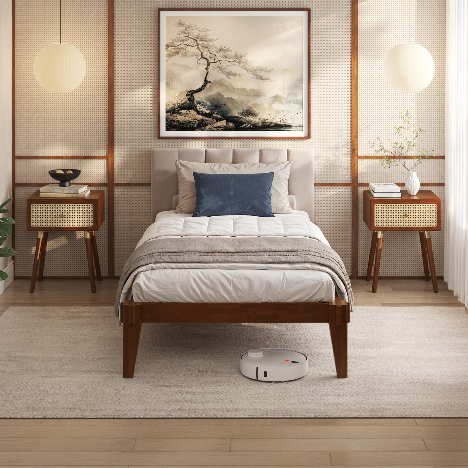 Photo 1 of Bme Chalipa 14” Solid Wood Bed Frames - Wood Platform Bed Frame - Japanese Joinery Bed Frame - Wood Slat Support - Bed Without Box Spring - Easy Assembly - Minimalist & Modern Style, Walnut - Twin