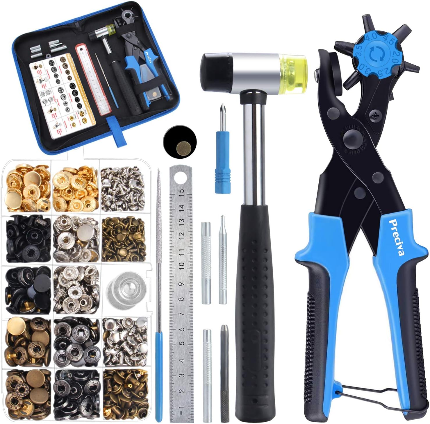 Lochzange Druckknopf Set - Preciva Revolverlochzange mit 340 Stk. Nähfreie Druckknöpfe und Nieten, Set für Leder, Papier, Gummi, Kunststoff, Textilien uvm.