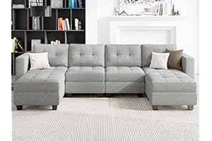 Belffin Reversible Storage Modular U-Shape Sectional Sofa Couch with Double Chaises Modular Sectional Sofa Set with Ottomans Fabric Light Grey