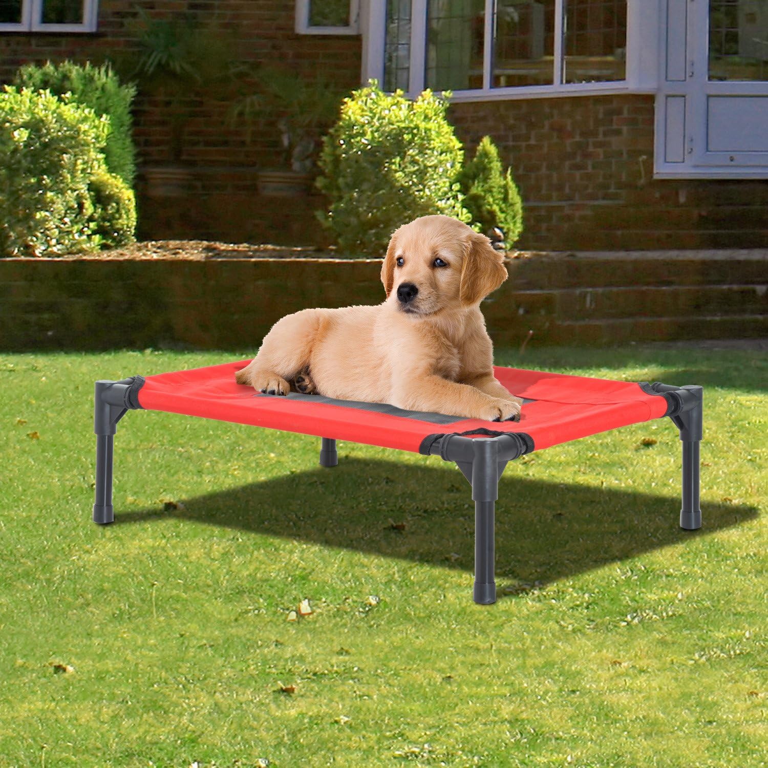 PawHut Elevated Pet Bed Portable Camping Raised Dog Bed w/ Metal Frame Black and Red (Small), 61 x 46 x 18 cm (L x W x H) - Image 4