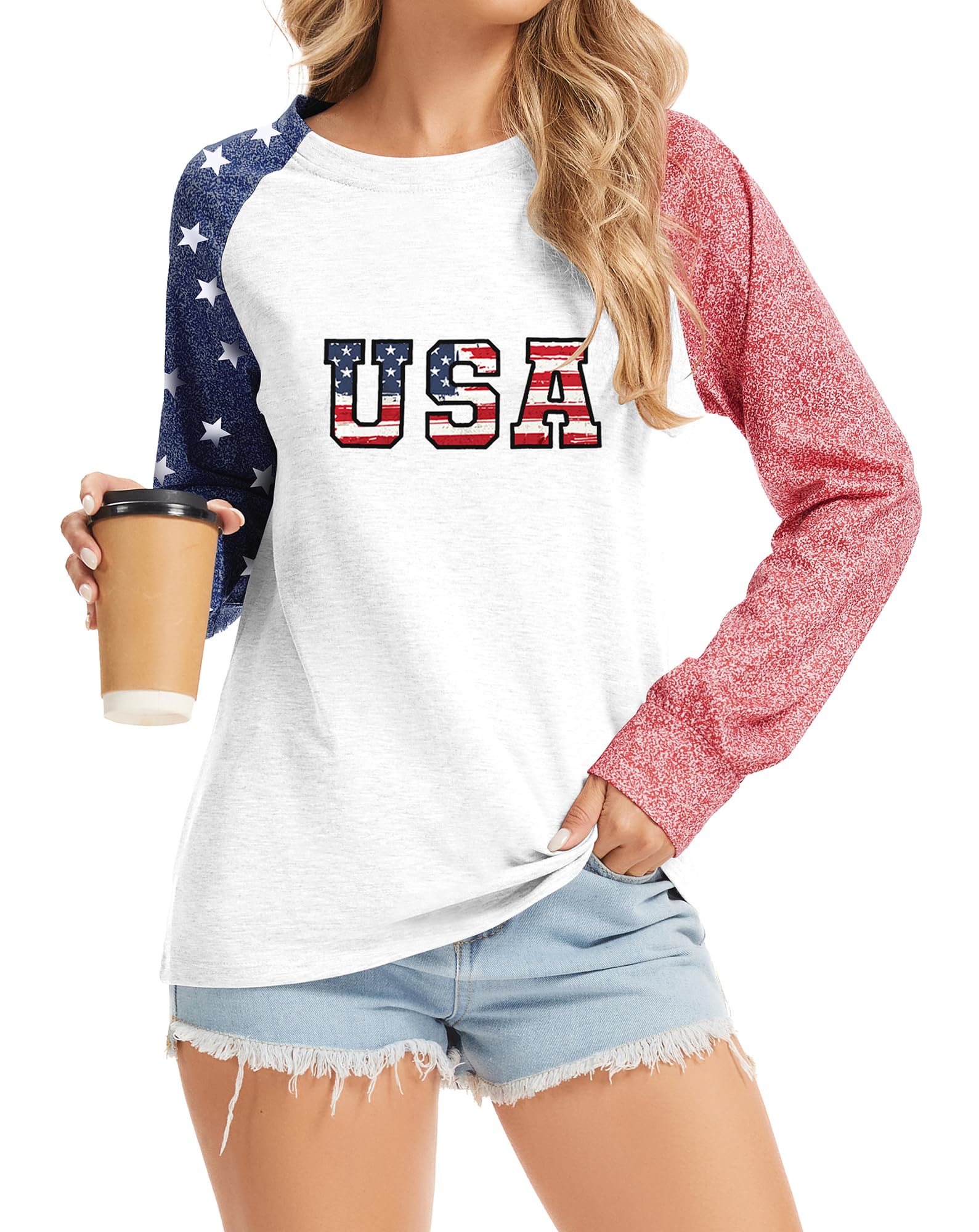 Photo 1 of ZUNQKG Womens USA Shirt America Flag Printed Crewneck Patchwork Long Sleeve July 4th Raglan Patriotic Tops White S