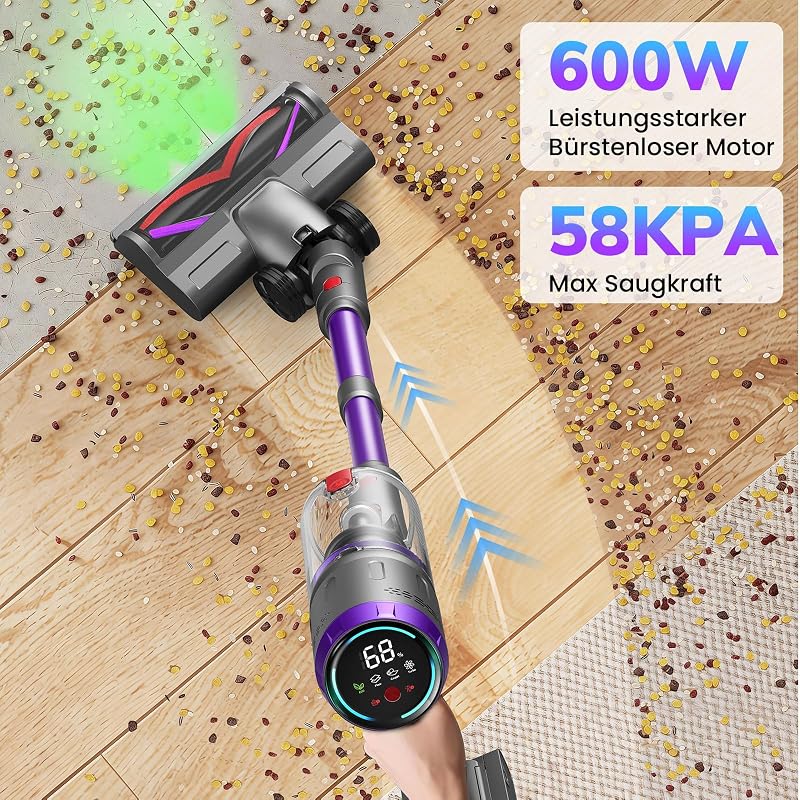 Akku Staubsauger 90Min, 600W 58000Pa Staubsauger Kabellos mit 90° Top-Adapter, Selbststehender Akkusauger mit Smart LED Display und Ladestation, Akkusauger für Teppich, Hartboden und Tierhaare