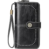 RNIEGA Womens Wallet Leather Billfold RFID Blocking Credit Card Holder Wristlet Wallets for Women Ladies Purses with Zipper Coin Pocket