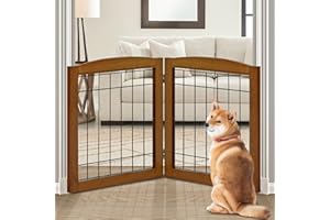 LZRS 2-Panel Freestanding Foldable Wood Dog Gate – Solid Wood & Steel Wire, Chew-Resistant Pet Barrier for Indoor Use, Ideal for Small to Medium Dogs, Cherry