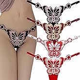 Pazpsar Butterfly Lace G-String Thongs for Women Adjustable Sexy Low Rise Underwear with Embroidery, Breathable T-back Thongs Panties