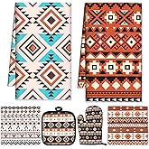 Honeydak 6 Pcs Western Aztec Kitchen Towels Oven Mitts and Pot Holders Kits Western Kitchen Decor Accessories Farmhouse Absorbent Dish Towels for Cooking Baking Grilling