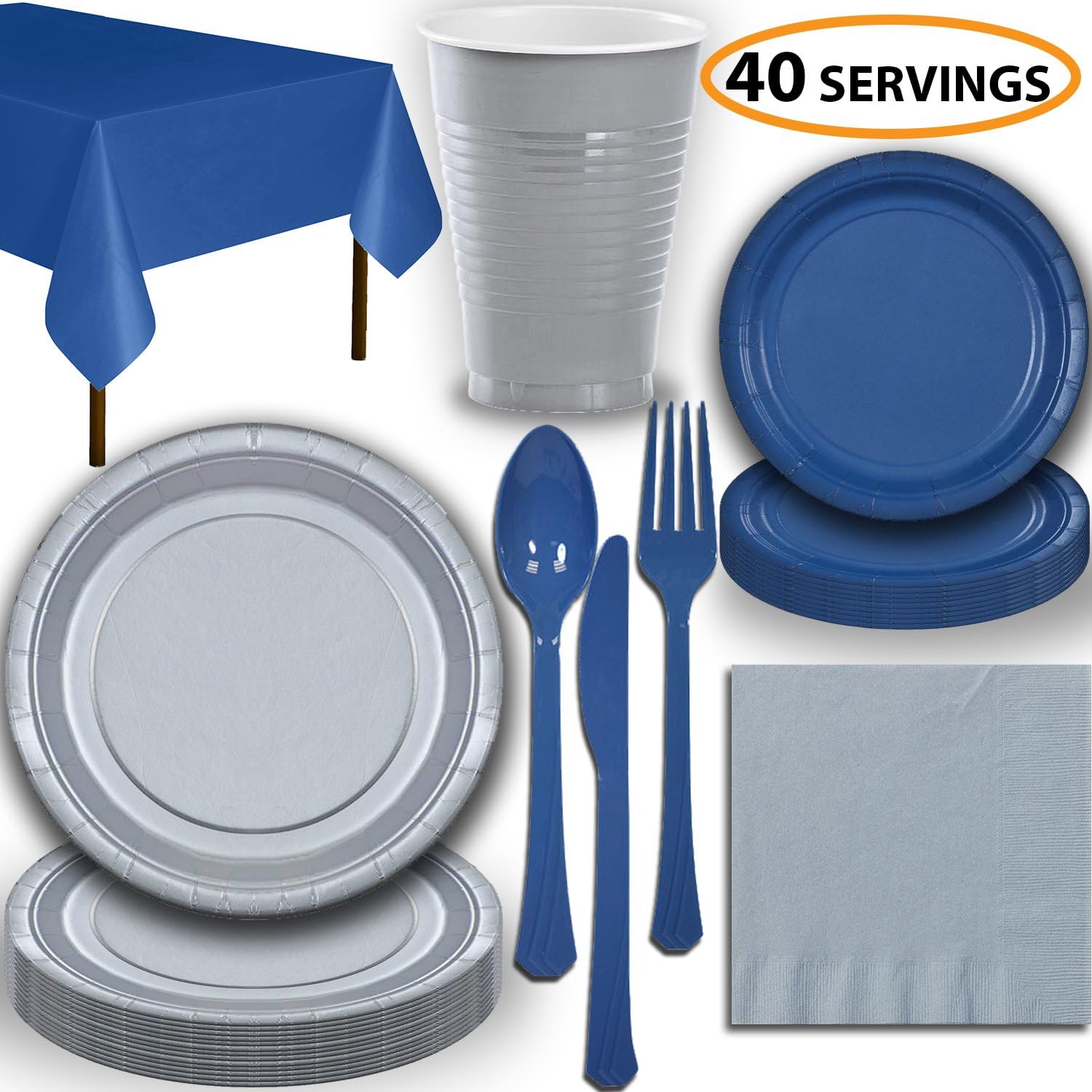 Disposable Party Supplies, Serves 40 Silver and Blue