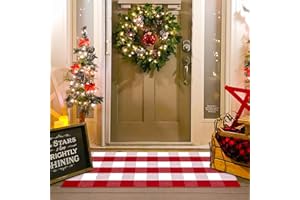 HOMYDECOR Christmas Red and White Plaid Rug - 24 x 51 Inches Outdoor Front Door Decor Mat Cotton Washable Hand-Woven Rug Christmas New Year Holiday Porch Entryway Layered Doormat