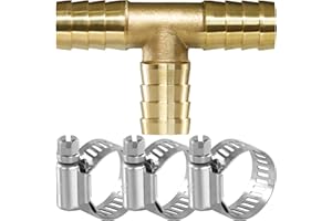 SCTIHWELIRE Brass Hose Barb, Tee Shaped 3 Way Hose Barb Fitting 1/2" Barb Splicer Mender with Stainless Steel Pipe Clamps air hose repair kit for Pipe line Fuel Air Oil (1/2 1Pcs)