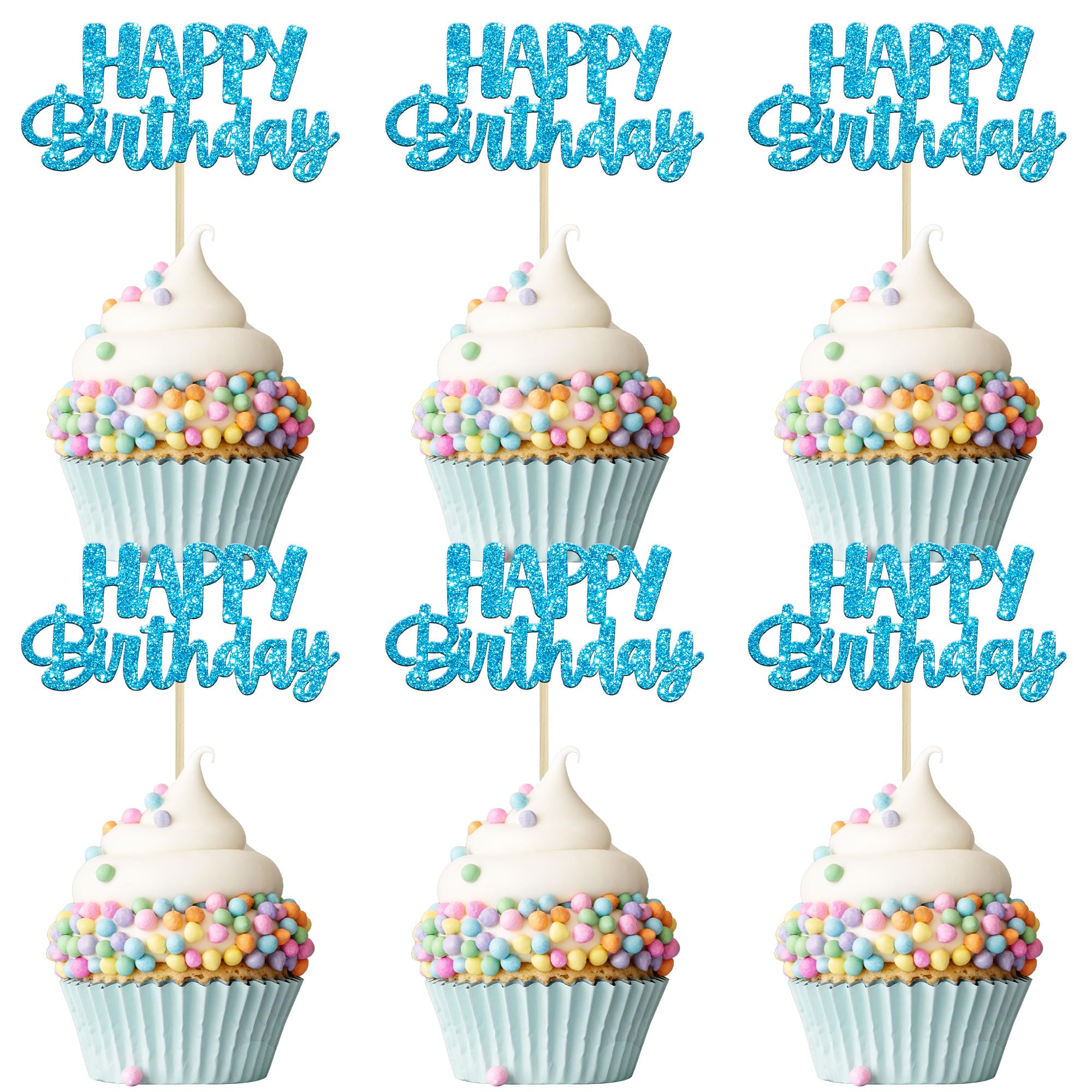Gyufise 24Pcs Happy Birthday Cupcake Toppers Blue Glitter Birthday Cake Picks for Celebrating Party Baby Shower Party Decorations Supplies