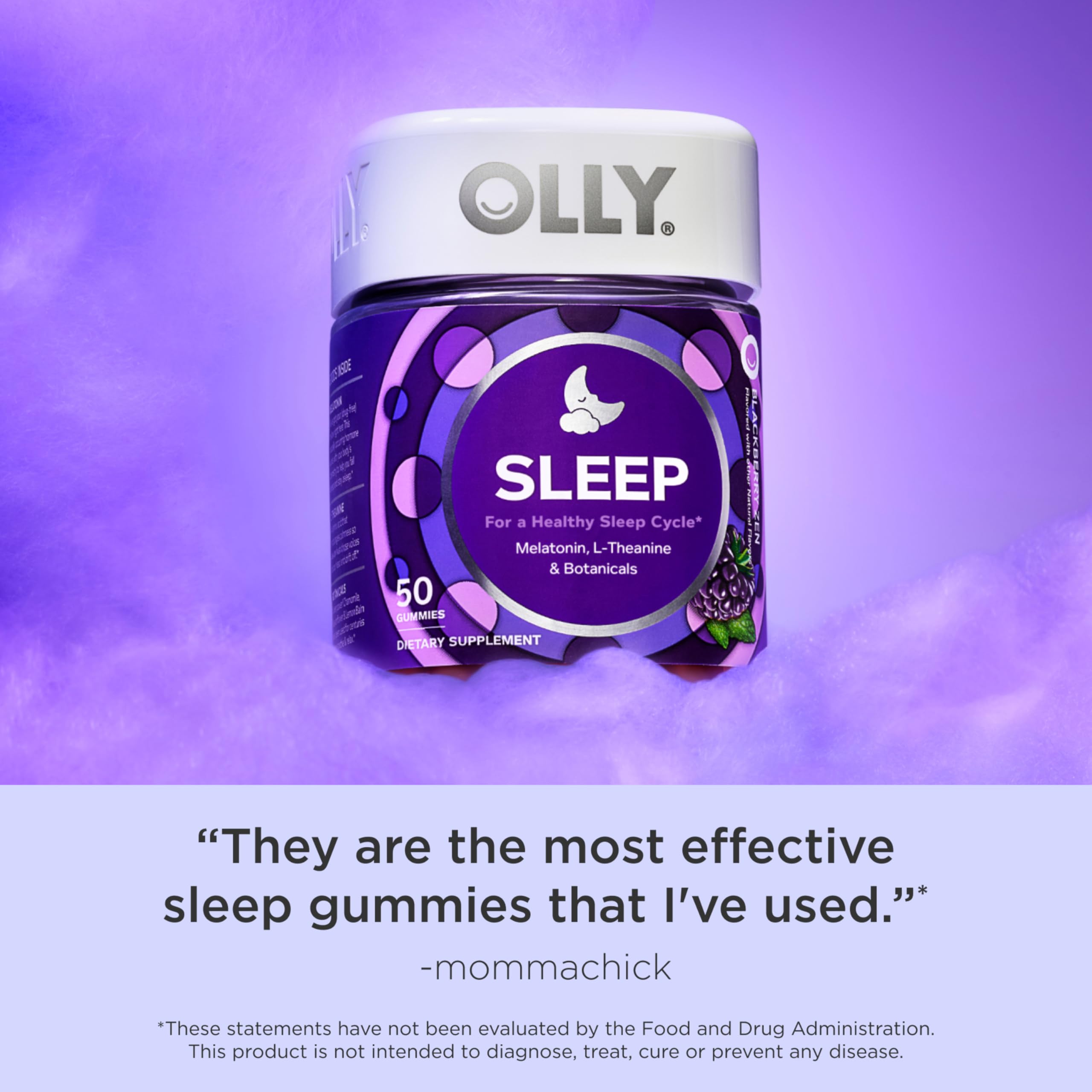 OLLY Restful Sleep Gummy Supplement with Melatonin & L-Theanine Chamomile, Blackberry Zen, 50 Gummies (25 Day Supply) Supports a Healthy Sleep Cycle* (Packaging May Vary)