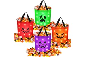Tanlade 4 Pcs Light up Halloween Trick or Treat Bucket Reusable LED Halloween Glow in The Dark Goody Candy Tote Bag Basket for Party Favor Supplies(Red, Green, Orange, Purple,Scary Face Style)