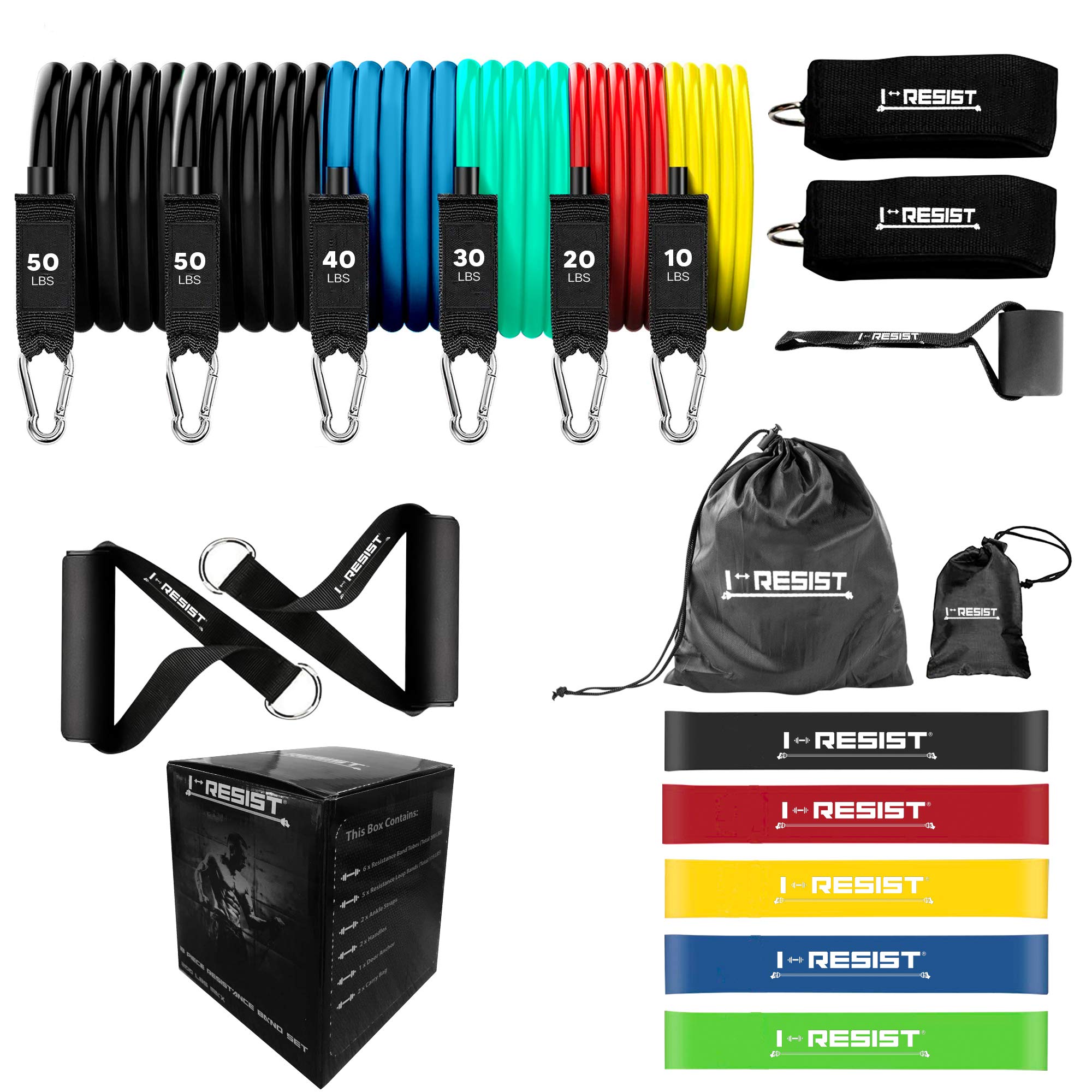 I Resist 18 Pcs Resistance Band Set. Stackable up to 200LBS. Workout Indoors and Outdoors, Home excercise, Loop Bands included, Yoga, Fitness, 6 Tube bands, 5 Loop Bands, Door Anchor and Handle