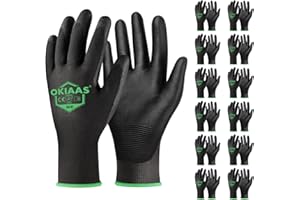 OKIAAS Men's Ultra-Thin and Lightweight Working Gloves with Grip, 12 Pairs, Black, Medium
