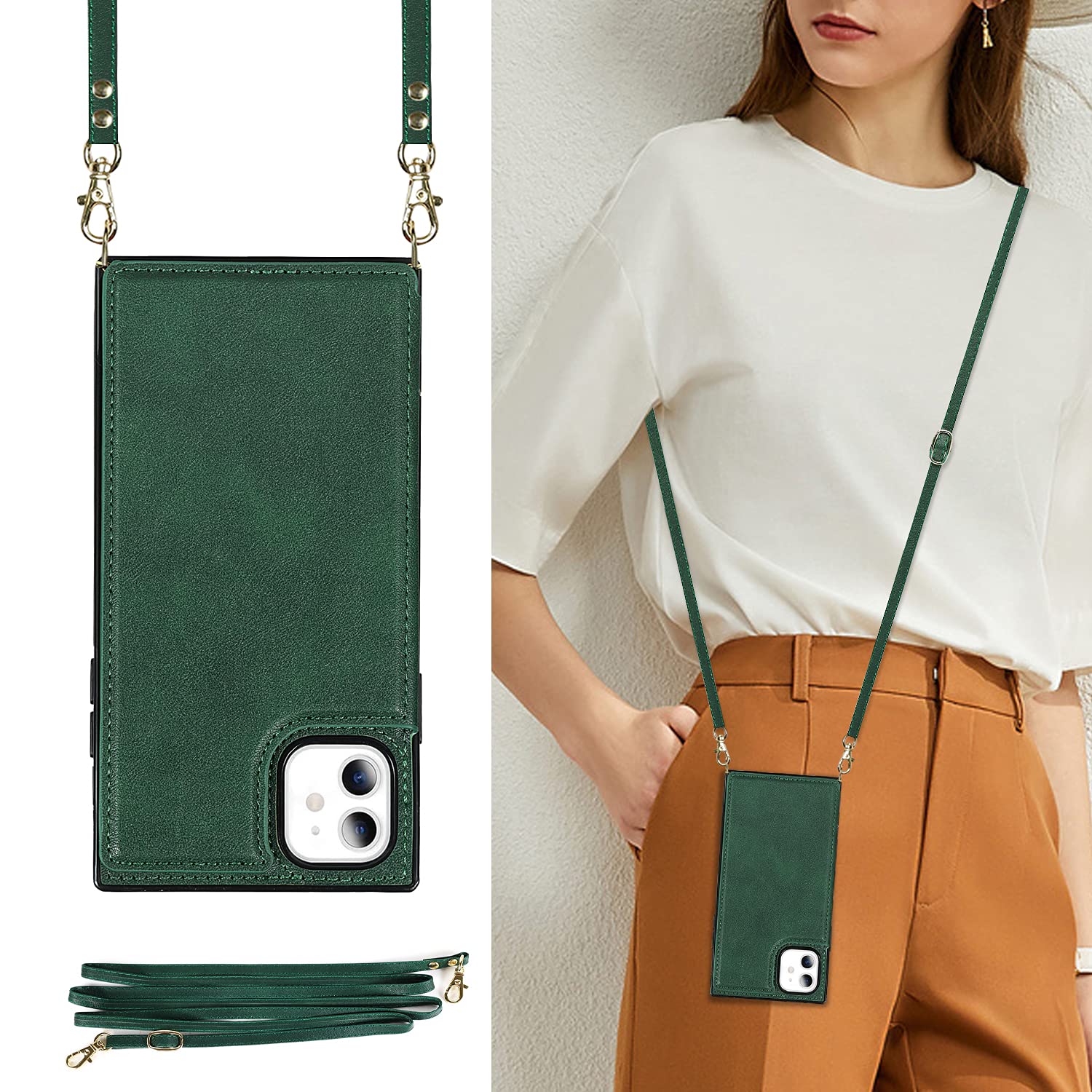 DEFBSC Compatible with iPhone 11 Case, Crossbody Wallet Case, Adjustable Detachable Lanyard Neck Strap with Kickstand Card Holder Premium Leather Protective Back Cover - Green