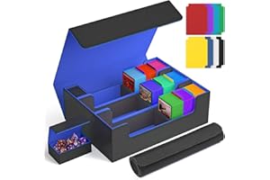 PUKYO Card Storage Box 3000+ MTG Deck Box with Game Mat and 8 Divider Tabs, 3 Row Commander Trading Card Cases with Dice Tray, Commander Deck Case for TCG, CCG, YuGiOh and Sport Card (Black & Blue)