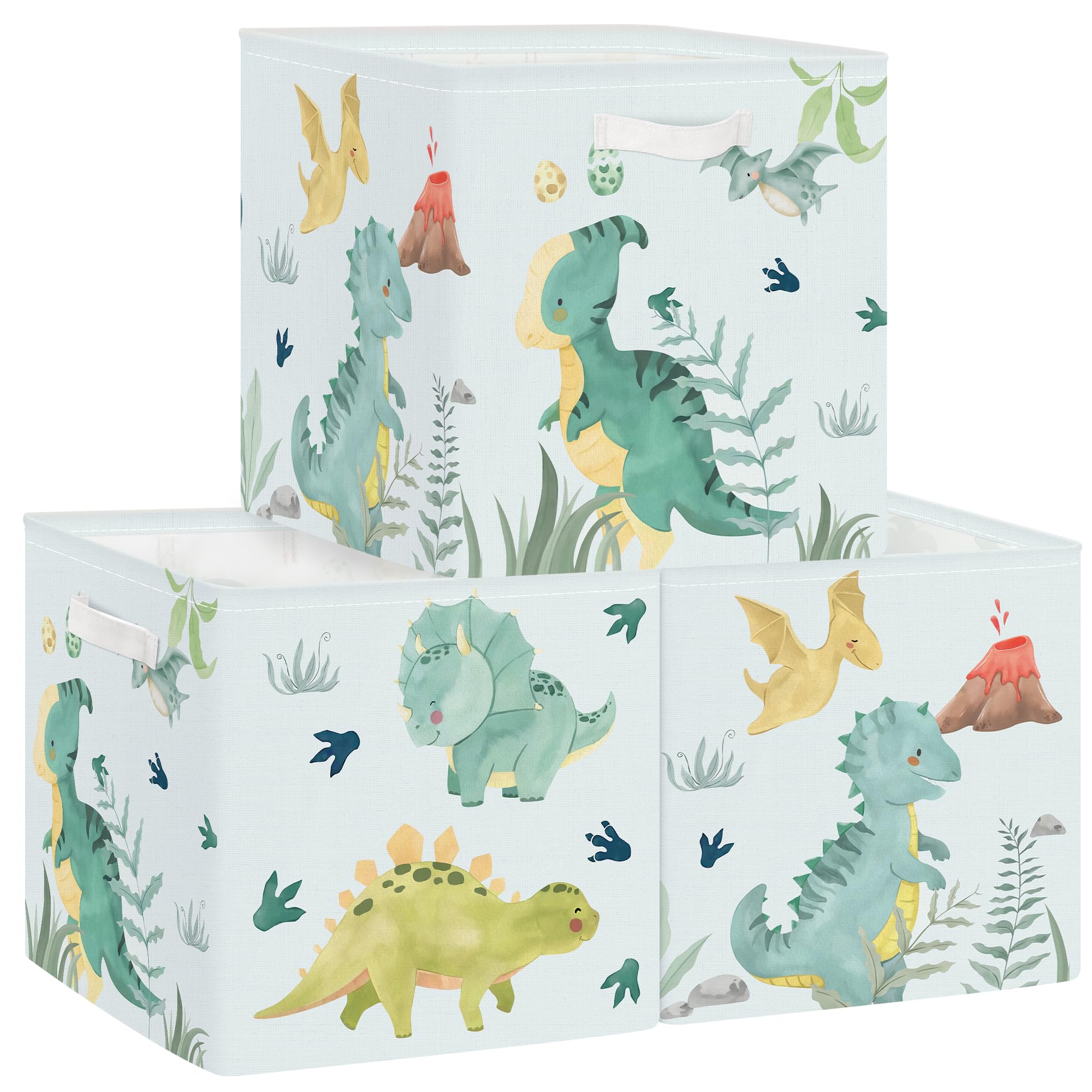 Clastyle 3 pcs Dinosaur Cube Storage Unit Boxes Volcano Kallax Box for Shelves Parents Storage Baskets for Book Clothes Toy Organizer, Volcanoes, 11.8x11.8x11.8 in