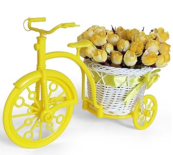 Tied Ribbons Cycle Shape Plastic Decoration Flower Vase with Peonies Bunches (10.01 cm x 11.99 cm x 21.01 cm, Brown and Red)