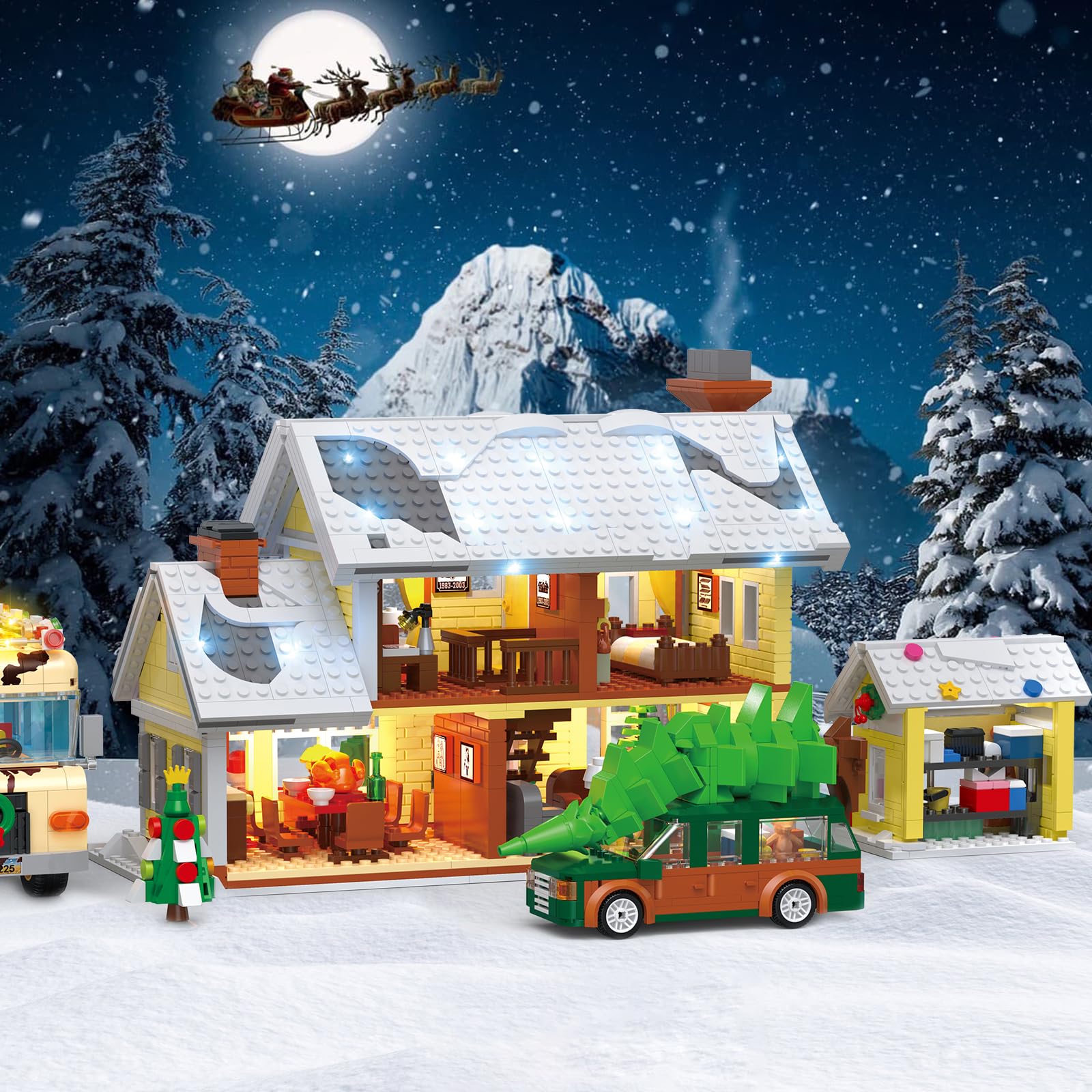 Snow Village Building Set,4 in 1 Christmas Vacation Holiday House&Cousin Eddie's RV&Picup Truck&Garage Building Blocks Model Kit Compatible with Lego for Child Adults(2056PCS)