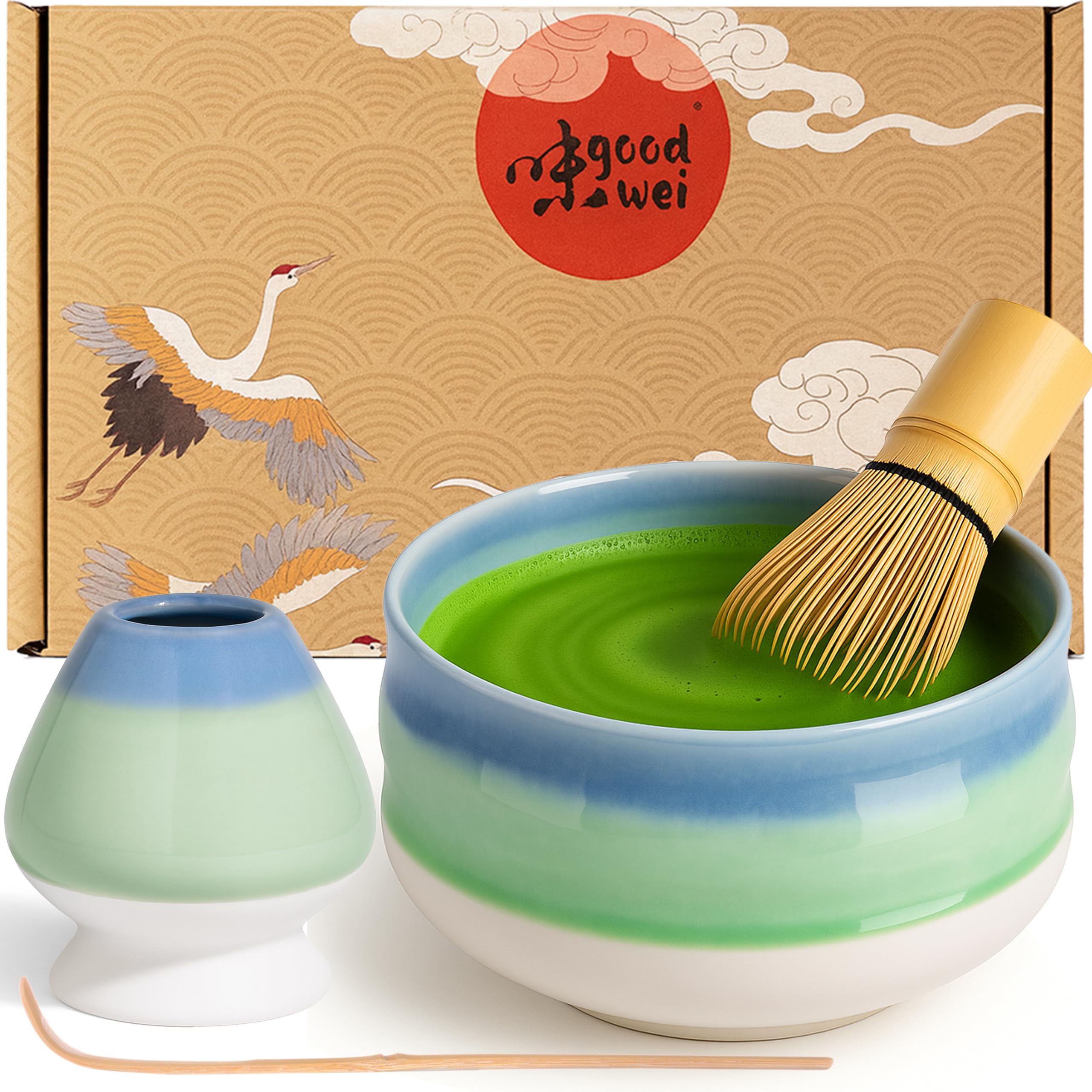 Goodwei Matcha Set with Matcha Whisk, Spoon and Ceramic Matcha Bowl with Whisk Holder in Matching Design | Artisanal Matcha Tea Bowl Chawan | Gift Set (Sumi, 80)