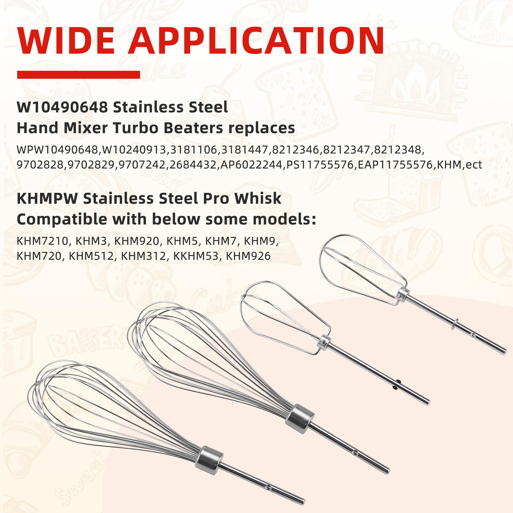 W10490648 Hand Mixer Turbo Beaters KHM2B (2 Pack) & KHMPW Stainless Steel Pro Mixer Whisk Attachment(2 Pack) Fit for Kitchen Mixer KHM Series by Fetechmate