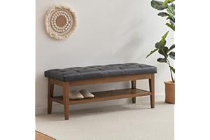 HUIMO Entryway Shoe Leather Bench, End of Bed Bench,PU Button-Tufted Indoor Bench,Ottoman Bench for Living Room, Padded Bench with Solid Wood Shelf,Kitchen Leather Seat Dining,Black