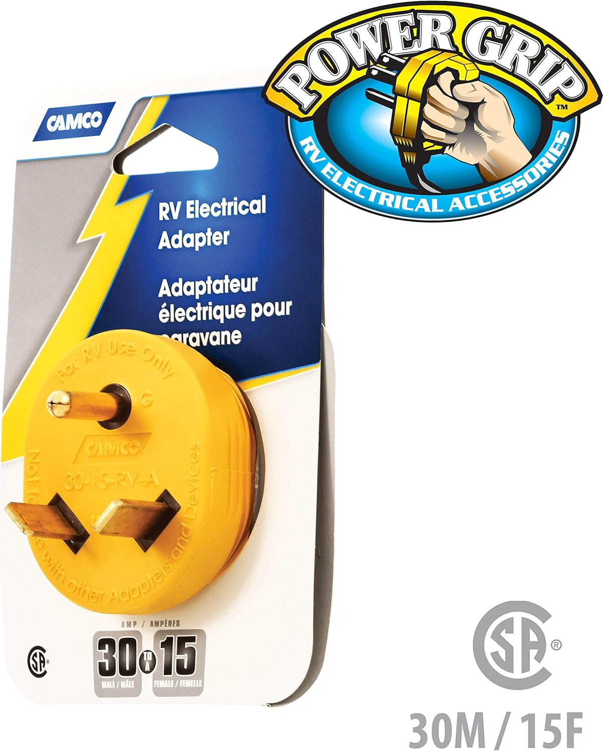 Camco PowerGrip Durable Electrical Adapter - Easy Grip for Simple and Safe Use, 30 AMP Male 15 AMP Female (55233), Yellow|Yellow: Automotive