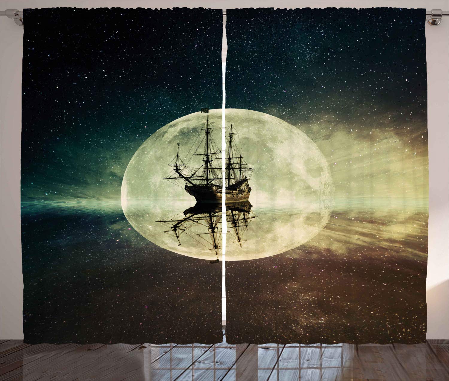 ABAKUHAUS Ocean Curtains, Vintage Old Ship on Sea Moonlight Starry Night Sky Adventure Journey Theme, Living Room Bedroom Window Drapes 2 Panel Set, 280 x 175 cm, Dark blue White Umber brown