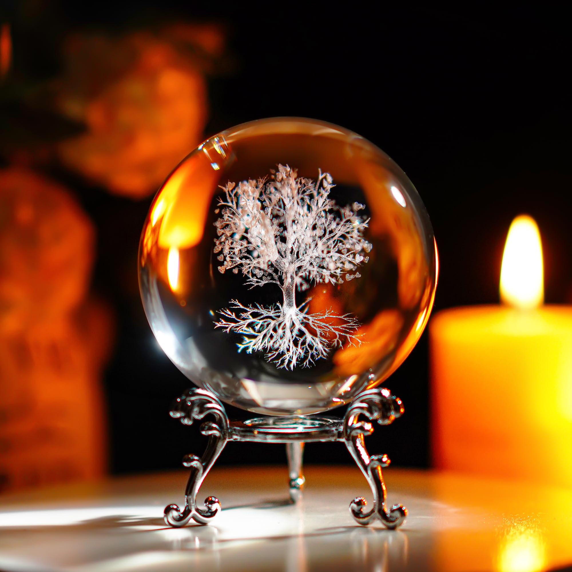 H&D HYALINE & DORA 70mm Tree of Life Crystal Ball with Stand, K9 Glass Decorative Ball, 3D Laser Fengshui Home Decoration